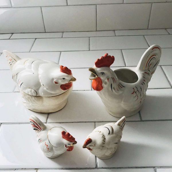 Vintage Chicken Rooster Creamer Sugar Salt & Pepper Shakers War-time Japan farmhouse lodge hunting cabin collectible display retro kitchen
