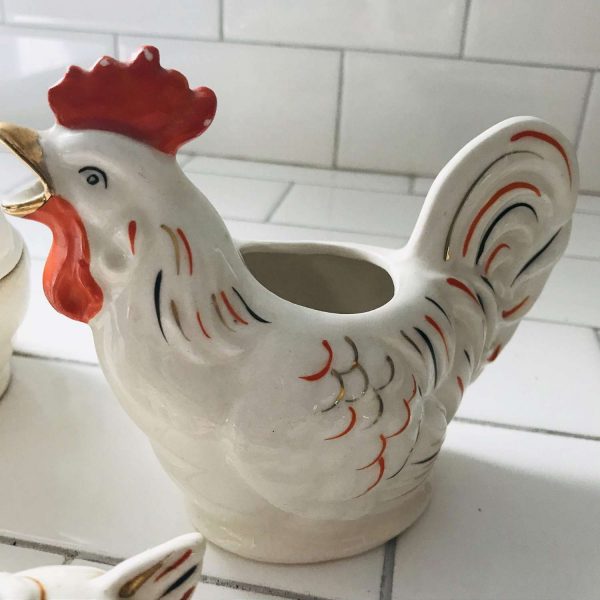 Vintage Chicken Rooster Creamer Sugar Salt & Pepper Shakers War-time Japan farmhouse lodge hunting cabin collectible display retro kitchen