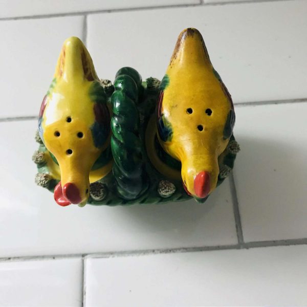 Vintage Chickens in an aqua basket with flower edges Salt & Pepper Shakers farmhouse cabin collectible display retro kitchen