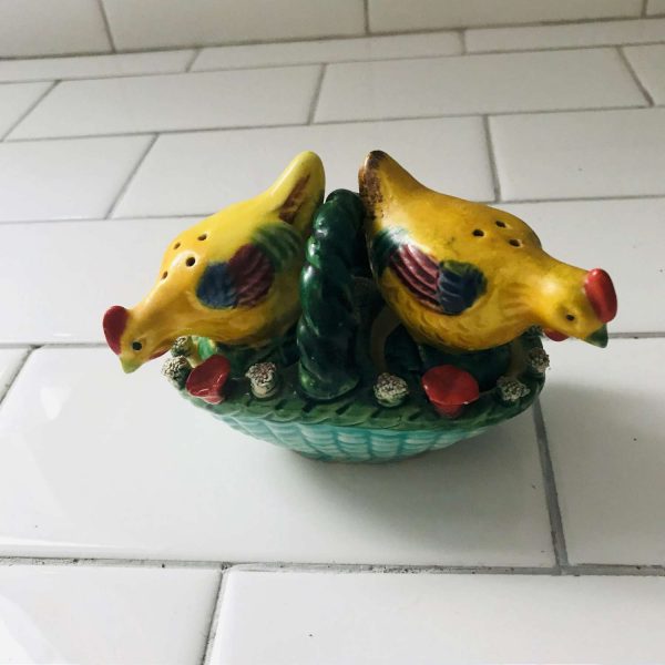 Vintage Chickens in an aqua basket with flower edges Salt & Pepper Shakers farmhouse cabin collectible display retro kitchen