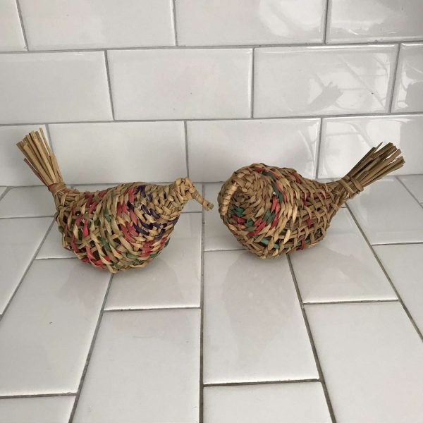 Vintage Chickens woven wicker colorful hand made farmhouse retro kitchen collectible display