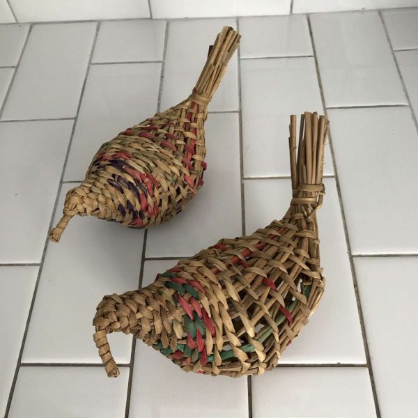Vintage Chickens woven wicker colorful hand made farmhouse retro kitchen collectible display