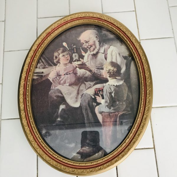 Vintage Christmas Picture Oval frame Santa with Children painting toys holiday collectible farmhouse cottage cabin lodge Holiday