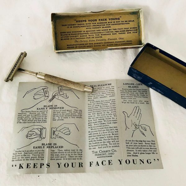 Vintage Christy Razor USA "With Massage Bar" Keeps your face young in original box with instructions 1920's