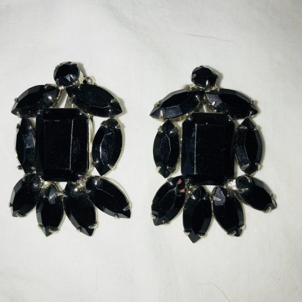 Vintage Clip Earrings Black Rhinestones plated backs 1940's collectible wedding special event clubbing fine costume jewelry