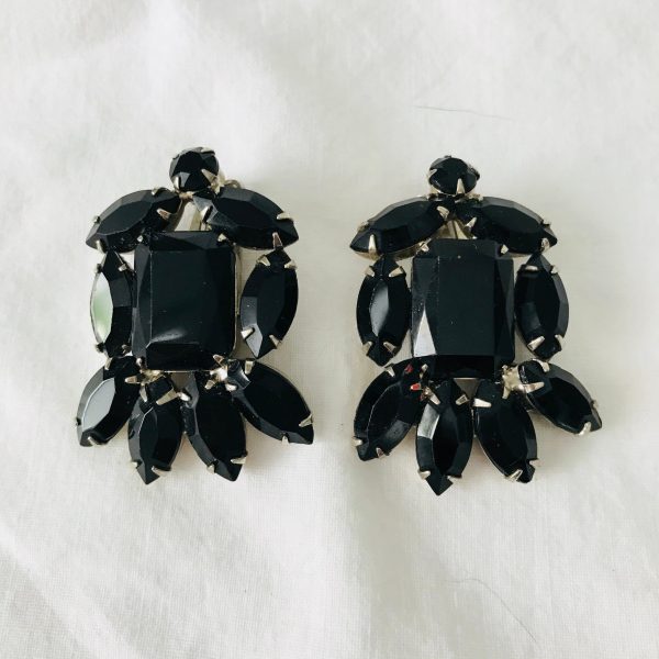 Vintage Clip Earrings Black Rhinestones plated backs 1940's collectible wedding special event clubbing fine costume jewelry
