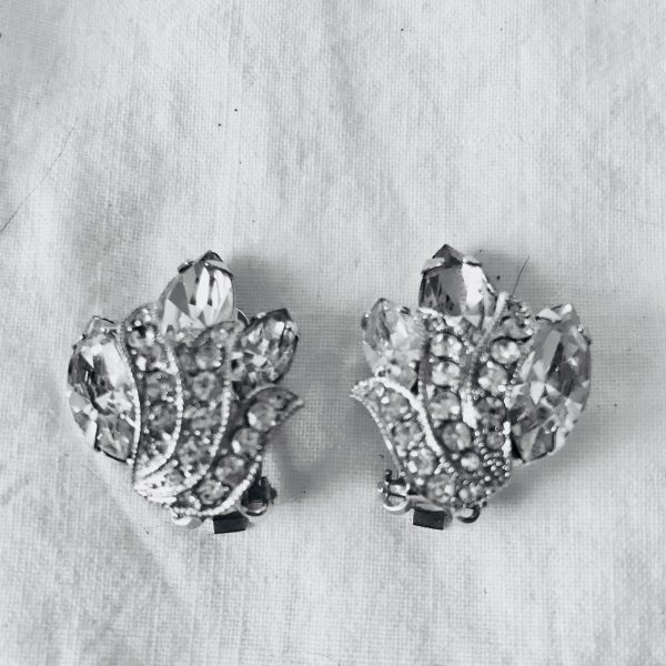 Vintage Clip Earrings Rhinestone Eisenberg signed rhodium plated 1950's collectible wedding special event clubbing bling