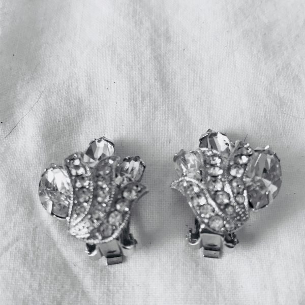 Vintage Clip Earrings Rhinestone Eisenberg signed rhodium plated 1950's collectible wedding special event clubbing bling