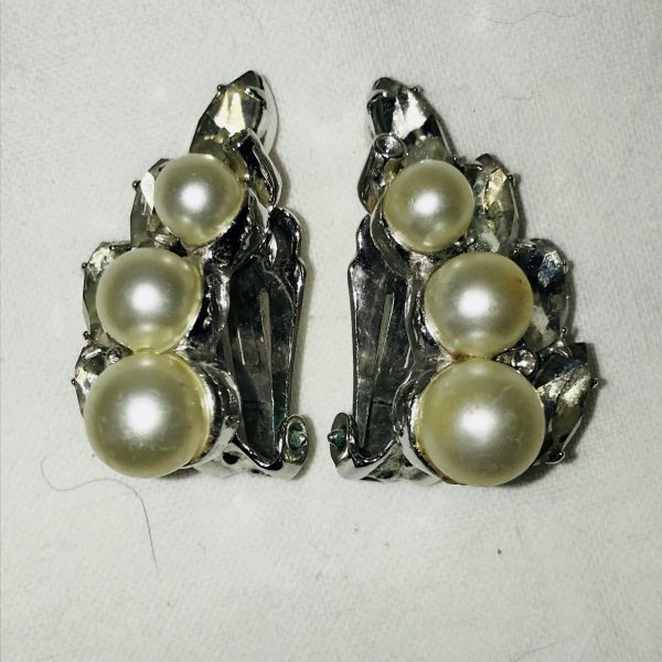 Vintage Clip Earrings Rhinestone & Pearl Eisenberg signed rhodium plated 1940's collectible wedding special event clubbing bling