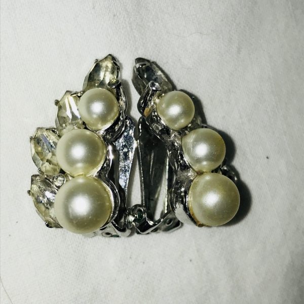 Vintage Clip Earrings Rhinestone & Pearl Eisenberg signed rhodium plated 1940's collectible wedding special event clubbing bling