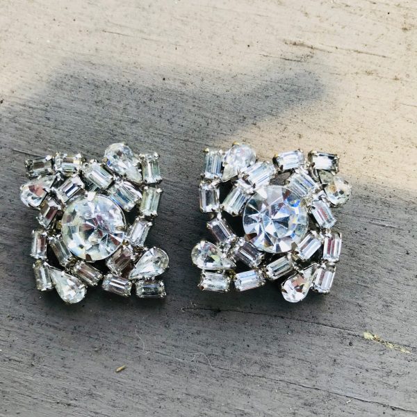 Vintage Clip Earrings Rhinestone Square with large center stone baguettes and tear drop shaped stones rhodium plated unsigned Eisenberg