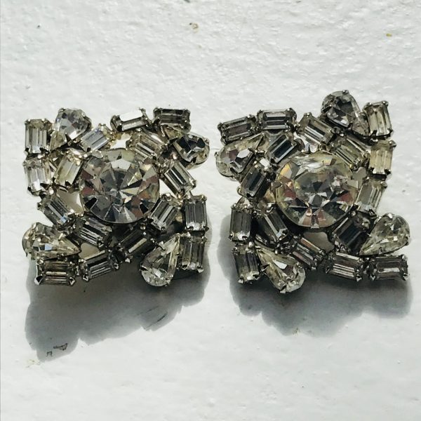 Vintage Clip Earrings Rhinestone Square with large center stone baguettes and tear drop shaped stones rhodium plated unsigned Eisenberg