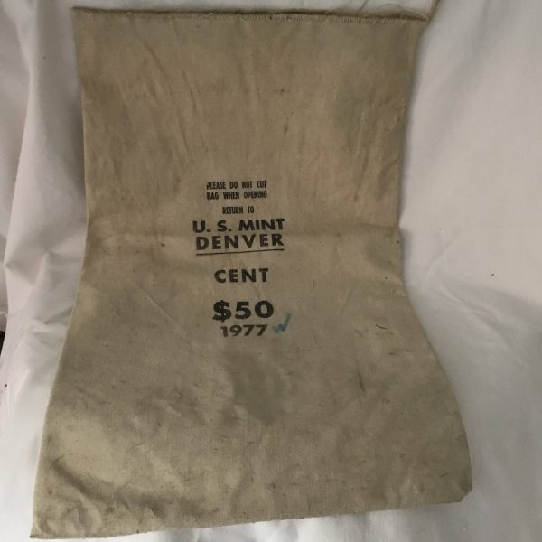 Vintage Cloth Bank Bag Advertising Denver Mint 1977 Heavy Cotton Bag Collectible Display TV movie prop Fabric