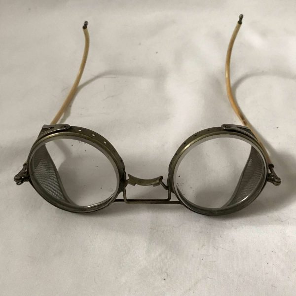Vintage Collectible Military Aviator glasses with leather nose piece and mesh side guards Steampunk 1940's display militaria