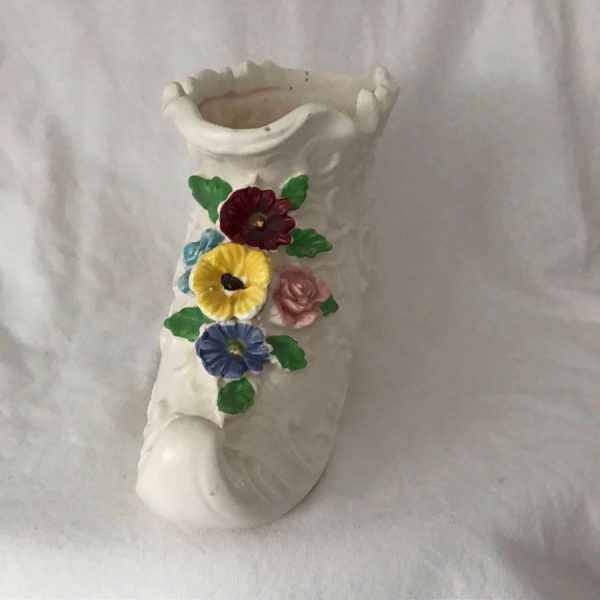 Vintage Collectible Porcelain Shoe Boot Figurine Floral pattern high heel with blue flower and leaves Raised Scrolls
