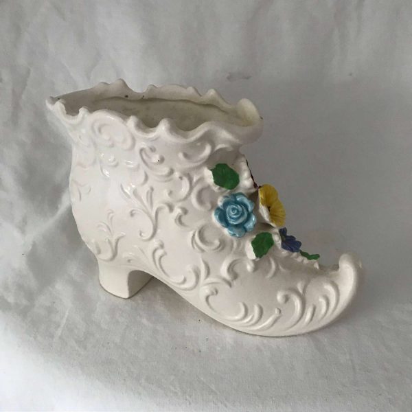 Vintage Collectible Porcelain Shoe Boot Figurine Floral pattern high heel with blue flower and leaves Raised Scrolls