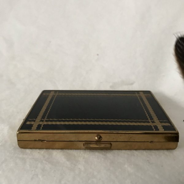 Vintage Compact Black Enamel with etching brass Mirror and original rouge puff collectible purse handbag display face powder