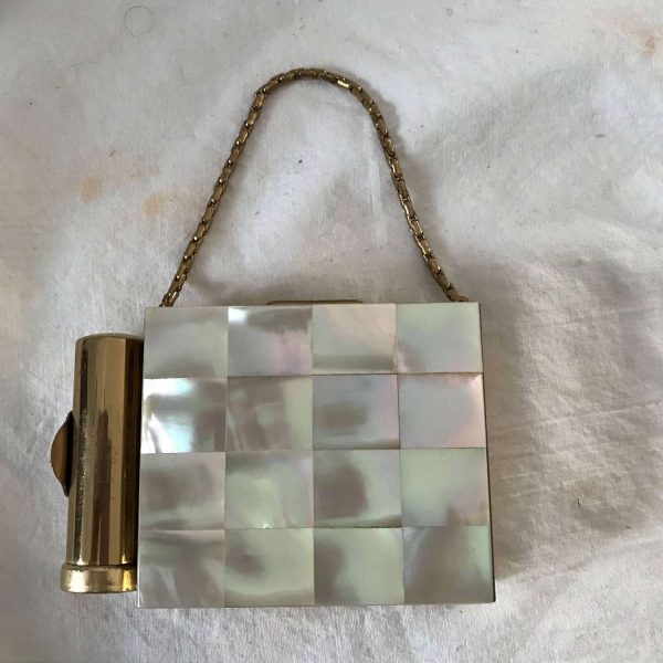 Vintage Compact Carryall purse Mother of Pearl brass Unsued purse accessory handbag collectible display vanity bling glitter