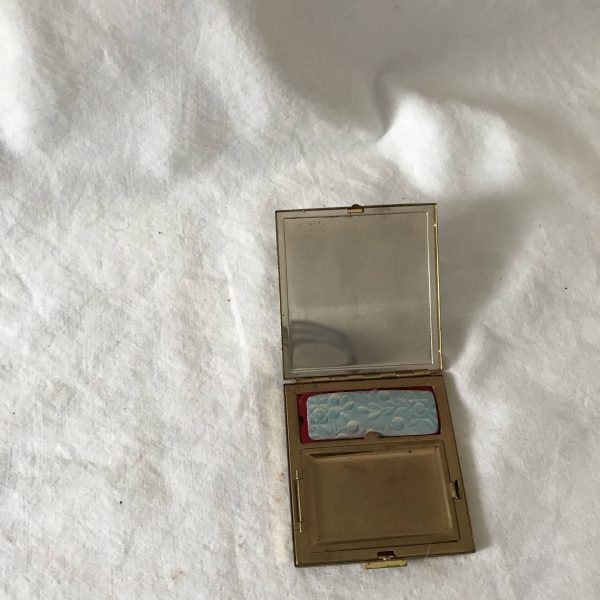 Vintage Compact Catalin Floral Top brass Mirror and original rouge puff collectible purse handbag display face powder