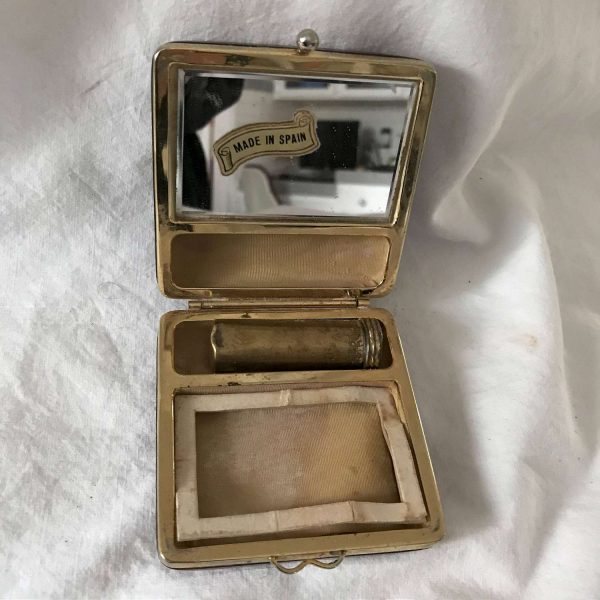 Vintage Compact Catalin Made in Spain neat clasp purse accessory handbag collectible display vanity with original label & Brush