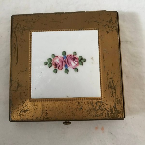 Vintage Compact Enameled Floral Rex Fifth Ave. Collectible Display Purse Handbag Accessory Vanity face powder make up brass USA