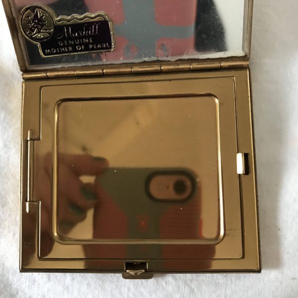 Vintage Compact Marshall Genuine Mother of Pearl Unused brass Mirror and puff collectible purse handbag display face powder