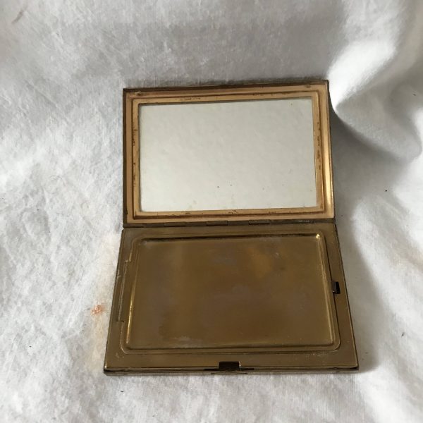 Vintage Compact Mother of Pearl and brass Mirror and original puff collectible purse handbag display face powder