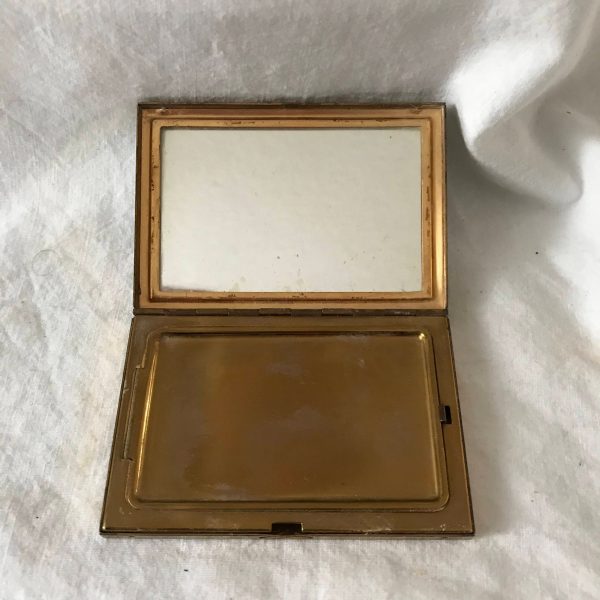 Vintage Compact Mother of Pearl and brass Mirror and original puff collectible purse handbag display face powder