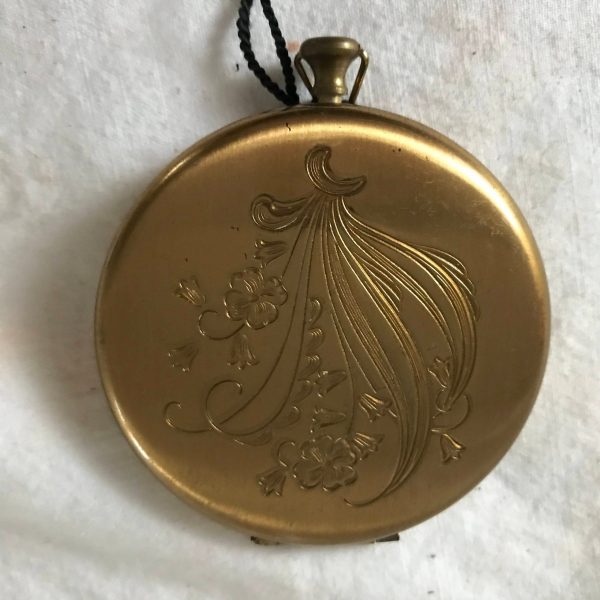 Vintage Compact Zell Lily of the Valley Etched Face Powder original puff & screen Zell Fifth Avenue Pocket Watch design brass  with flowers