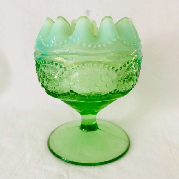 Vintage Compote Pedestal Green Glass Opalescent Rim patterned glass farmhouse collectible depression glass display crimped top