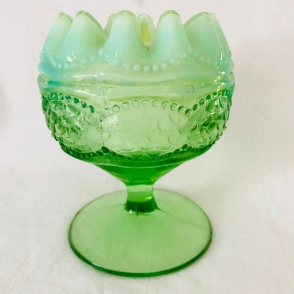Vintage Compote Pedestal Green Glass Opalescent Rim patterned glass farmhouse collectible depression glass display crimped top