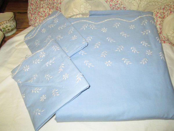 Vintage Cotton Periwinkle Blue Machine Embroidered Home Made Top Sheet & Pillowcase Pair Full or Double size Imported Spain Fabric Custom