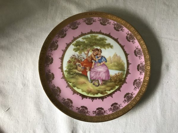 Vintage Courting Couple Pink and Gold large serving tray platter W. Germany Carlsbad J.K.
