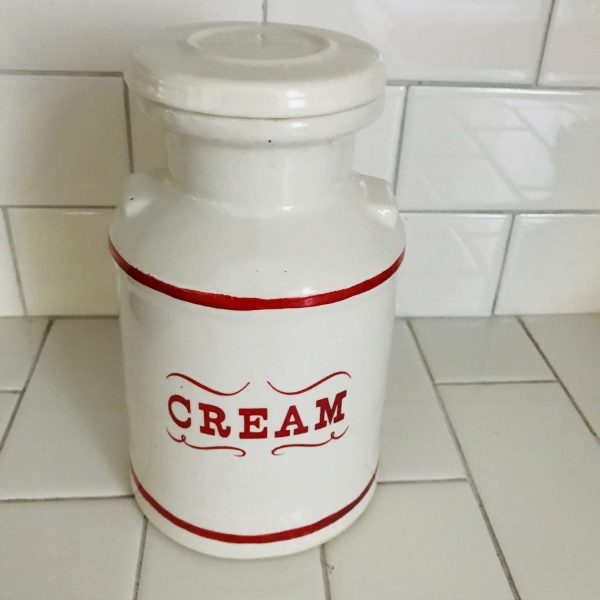 Vintage Cream Milk Can Germany Porcelain retro kitchen storage canister jar red trim farmhouse ranch lodge cabin retro collectible kitchen