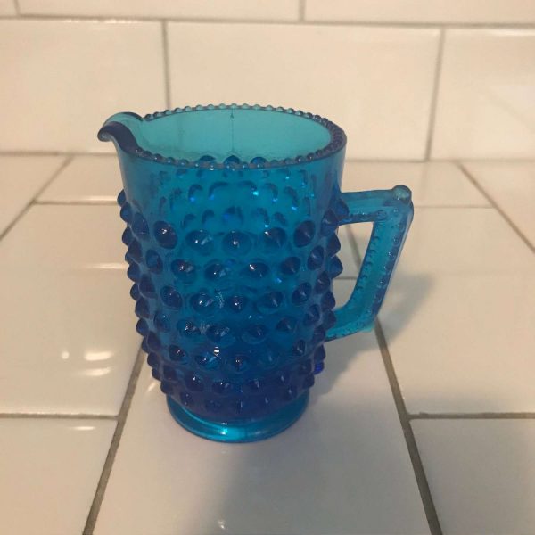 Vintage cream pitcher creamer hobnail glass with hobnail handle rim and base dark aqua blue farmhouse collectible display  gold trim