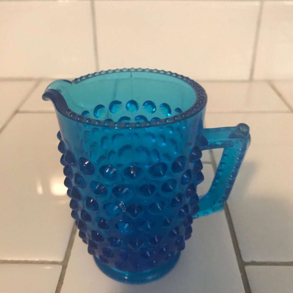 Vintage cream pitcher creamer hobnail glass with hobnail handle rim and base dark aqua blue farmhouse collectible display  gold trim