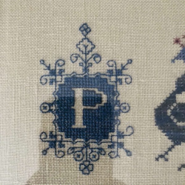 Vintage Cross Stitch Sampler with P monogram and Peacock Alphabet display wall art ornate detail fine quality