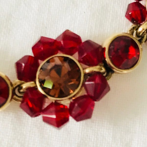 Vintage crystal bracelet red flowers with topaz colored centers gold plated vintage collectible jewelry holiday summer special event