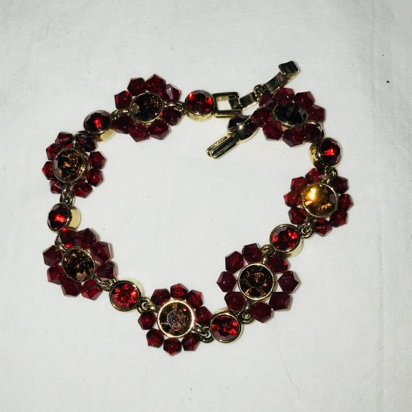 Vintage crystal bracelet red flowers with topaz colored centers gold plated vintage collectible jewelry holiday summer special event
