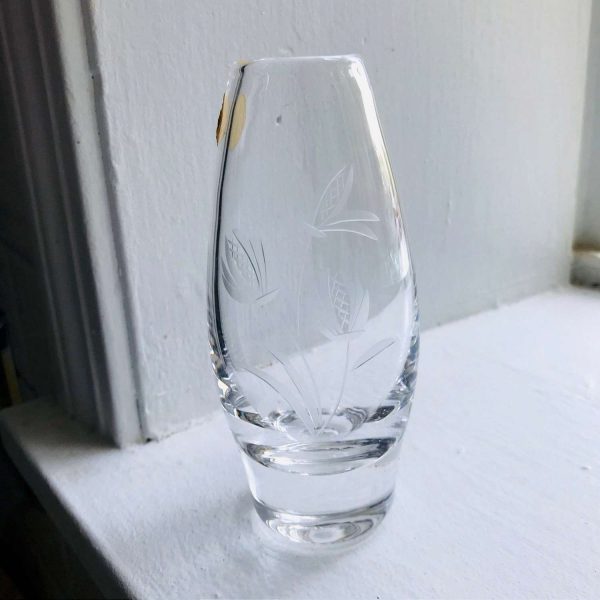 Vintage crystal etched floral vase clear small Norway collectible bed and breakfast display bedroom
