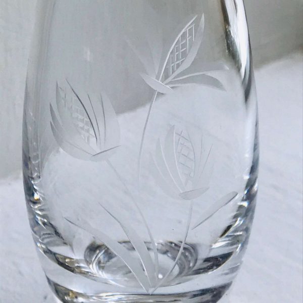 Vintage crystal etched floral vase clear small Norway collectible bed and breakfast display bedroom