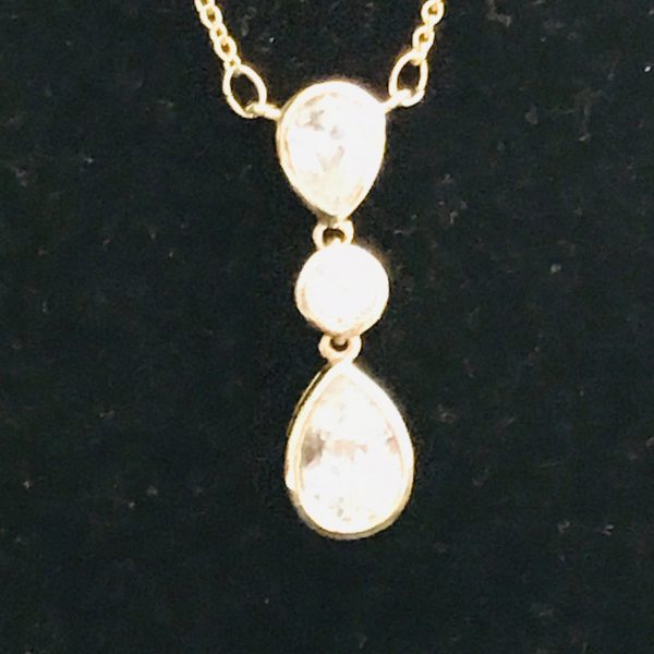 Vintage Crystal tear drop pendant necklace 3 crystals 16" gold tone chain