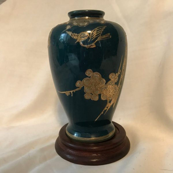 Vintage Dark Teal Vase Enameled Gold Bird and flowers Japanese fine china collectible Asian decor