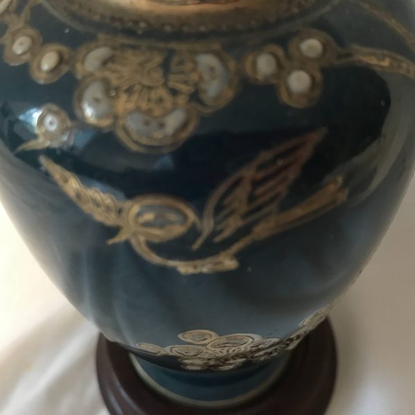 Vintage Dark Teal Vase Enameled Gold Bird and flowers Japanese fine china collectible Asian decor