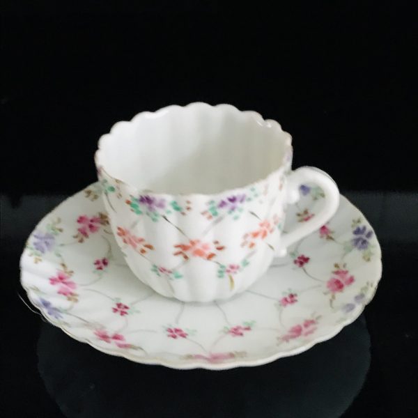 Vintage Demitasse Tea cup and saucer Japan Dainty hand painted flowers scalloped top and saucer edge unique collectible farmhouse