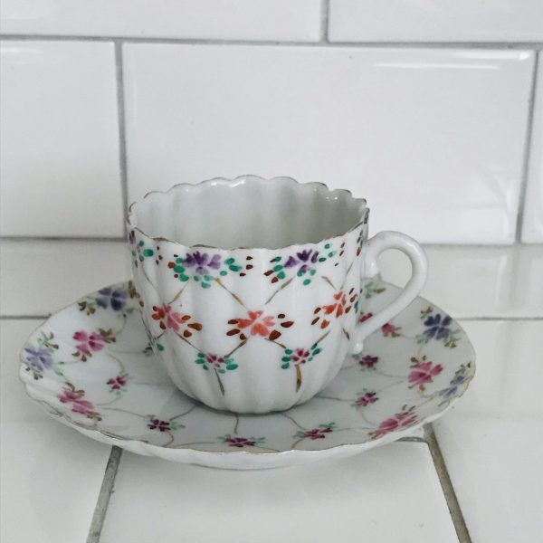 Vintage Demitasse Tea cup and saucer Japan Dainty hand painted flowers scalloped top and saucer edge unique collectible farmhouse