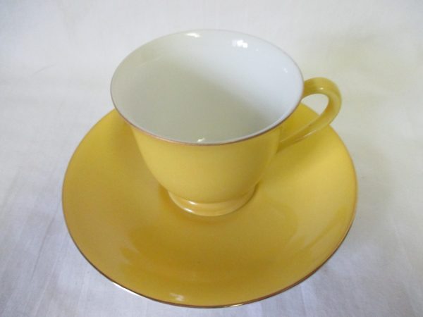 Vintage Demitasse Tea cup and saucer yellow with gold trim Noritake Japan Mid Century Modern