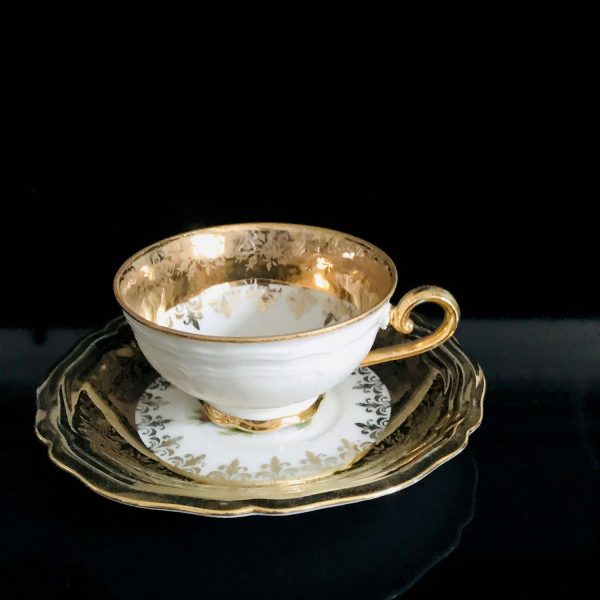 Vintage Demitasse Tea Cup & Saucer Bavaria Germany Heavy Gold trim rose center Ornate farmhouse collectible serving