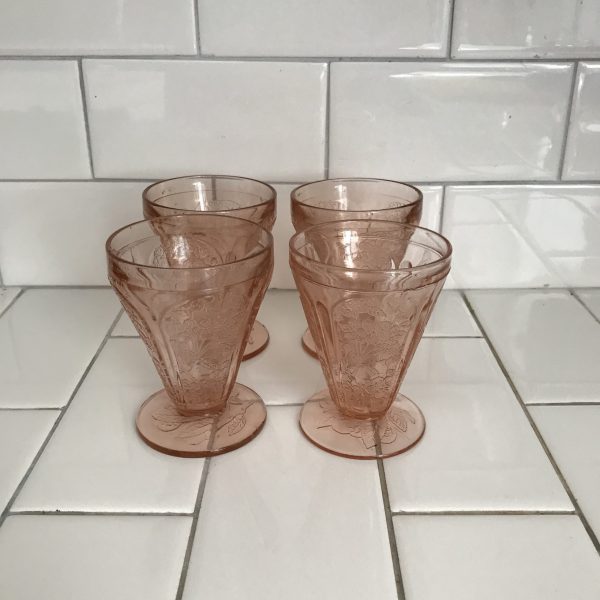 Vintage Depression Glass Pink Pedestal juice goblets 4 Mayfair collectible farmhouse display 1930-34 depression kitchen retro juice glasses