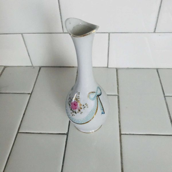Vintage detailed wedding vase light blue bows Pink rosesraised white dots hand painted collectible display farmhouse cottage bedroom vanity